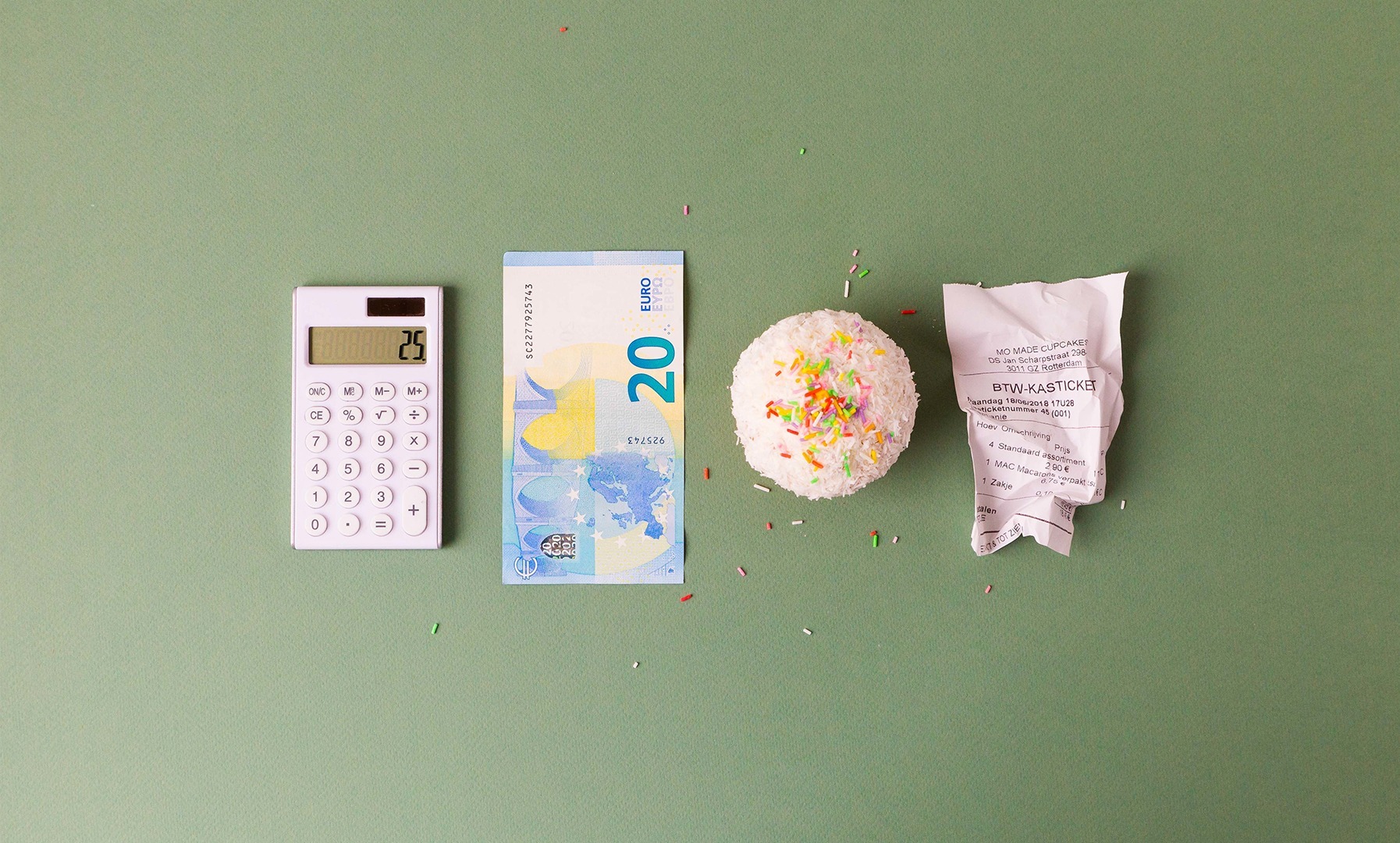 Rekenmachine, geld, cupcake, bonnetje