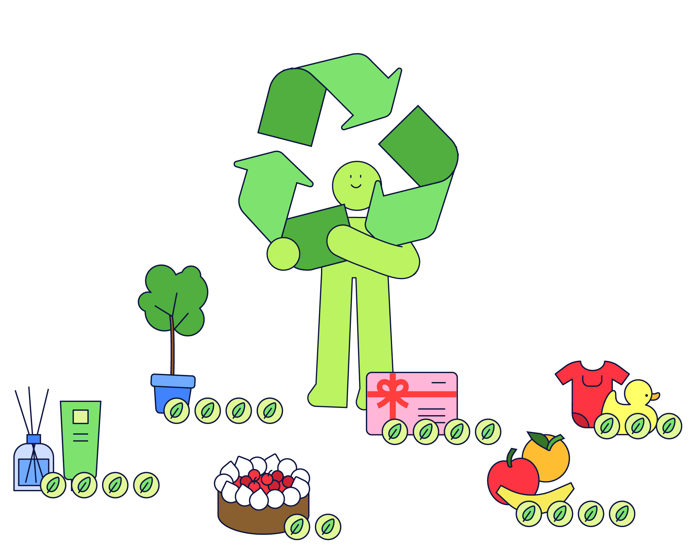 Afbeelding waar je een poppetje ziet met een recycle logo en duurzame producten op de vloer
